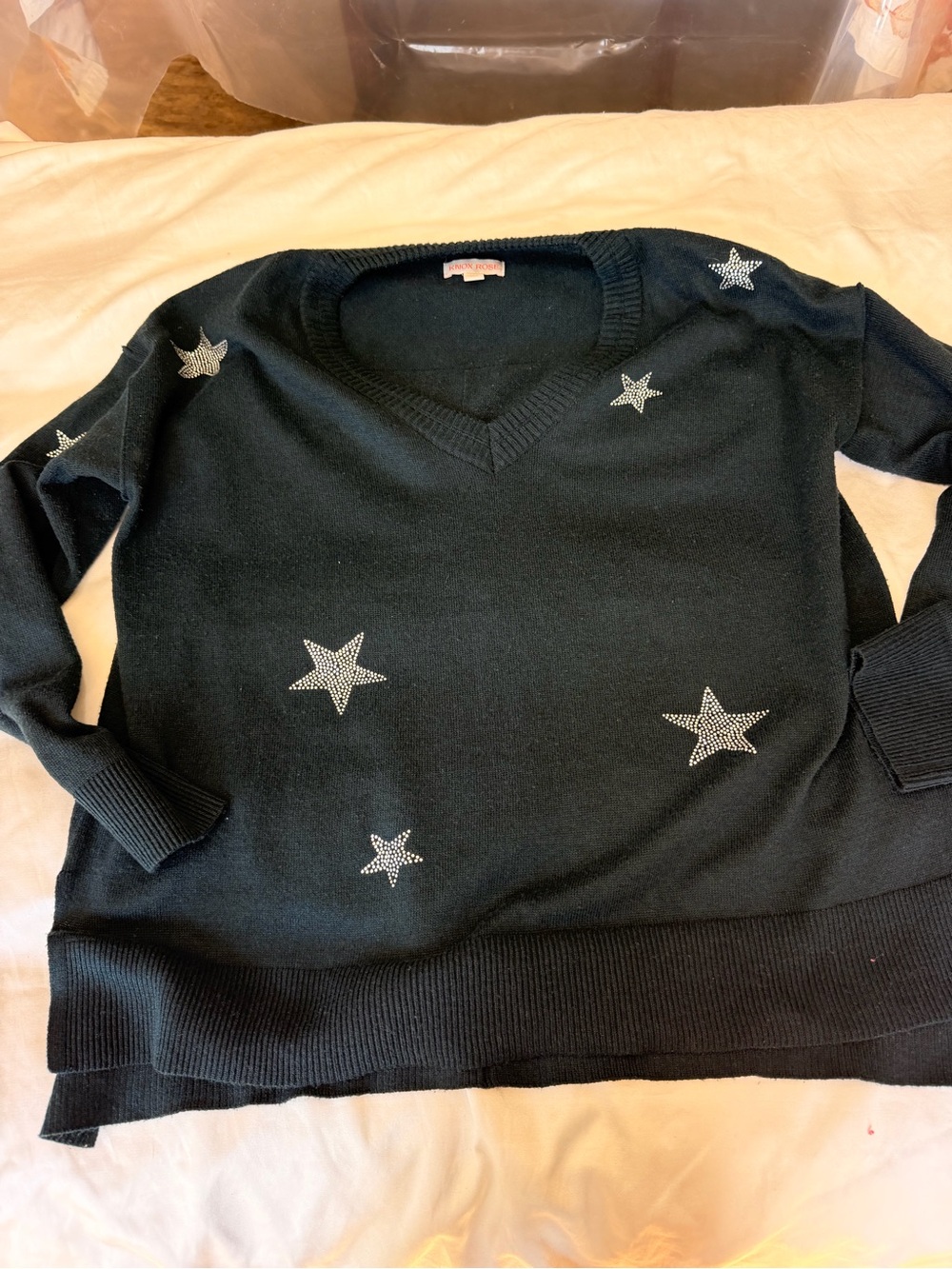 Knox Rose Black V-Neck Sweater with Star Stud Embellishments size L